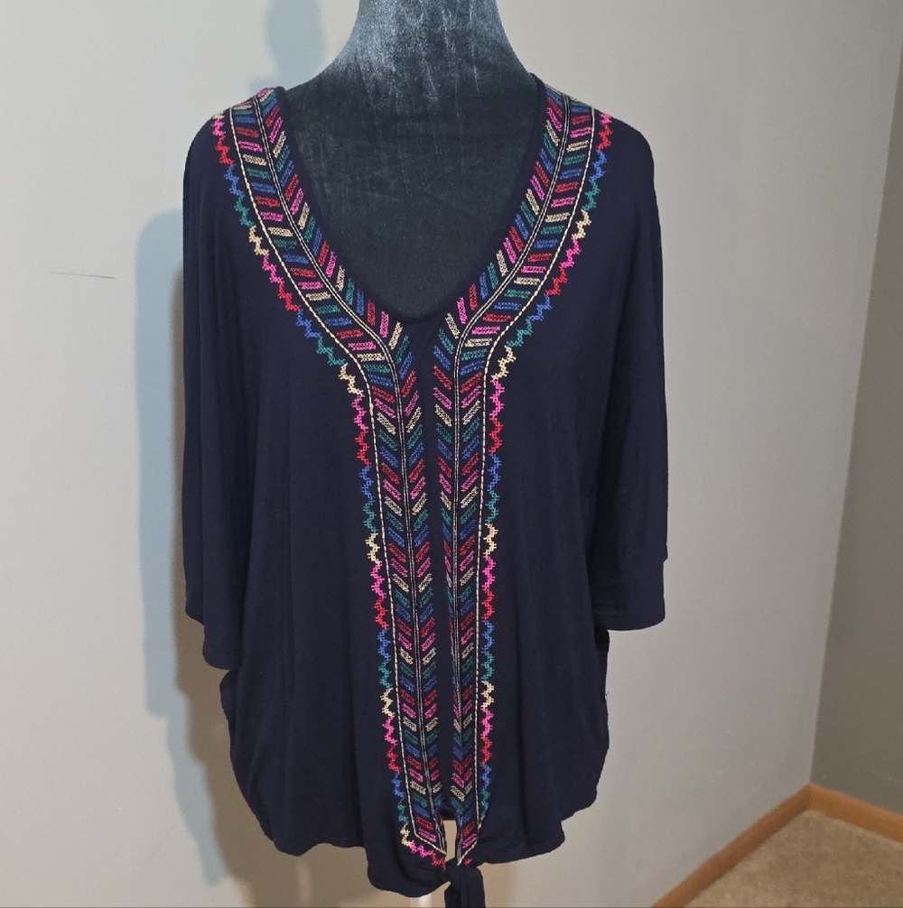 Democracy Navy Blue Boho Top |‎ Multicolor Chevron Embroidery | V-Neck